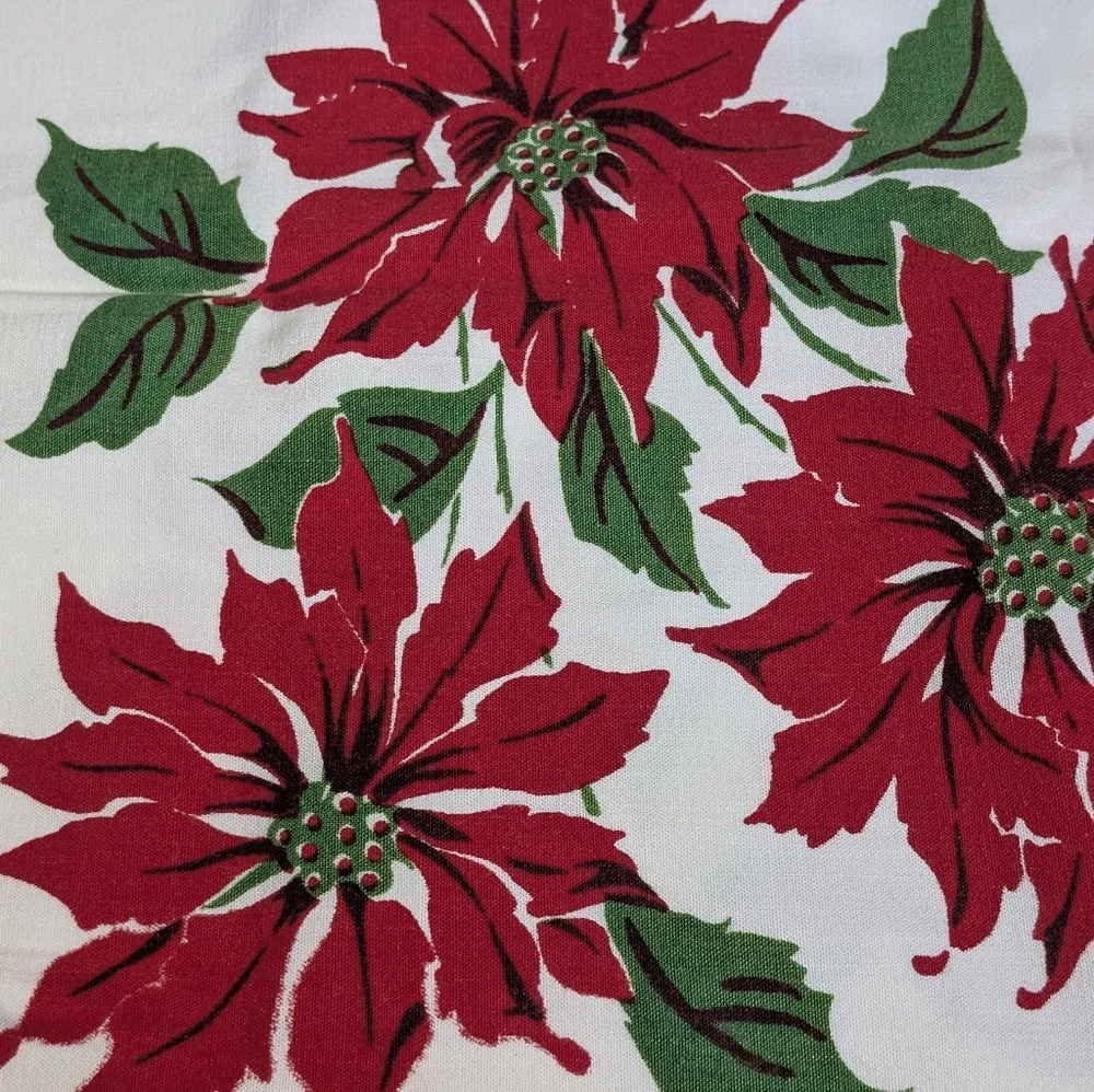 Vintage Tablecloth Christmas White with Poinsettias Pinecones 64